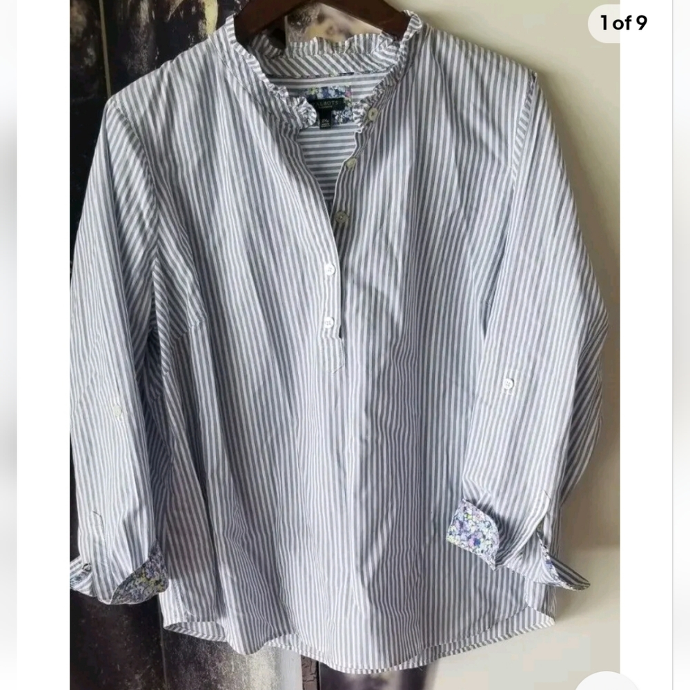 TALBOTS Plus Petite Blue White‎ Striped Ruffle Collar Contrast Cuff Shirt 2XP
